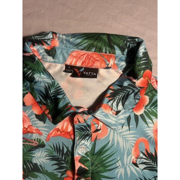 Yatta Golf Polo Shirt Mens Large Blue Pink Flamingo Floral Palm Print Hawaiian - Picture 3 of 5